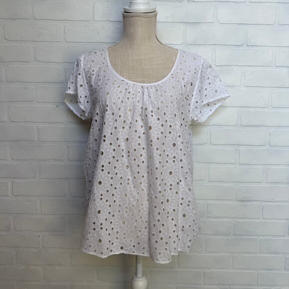 The White Company London Eyelet Round Neck Cap Sleeve White Cotton Top-sz 14 - Picture 1 of 7